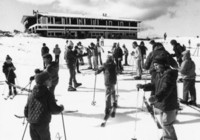 The completed new Manganui Lodge; Peter Quinn giving advice to school children ('PQ' is still skiing Manganui, into his 54th year!)